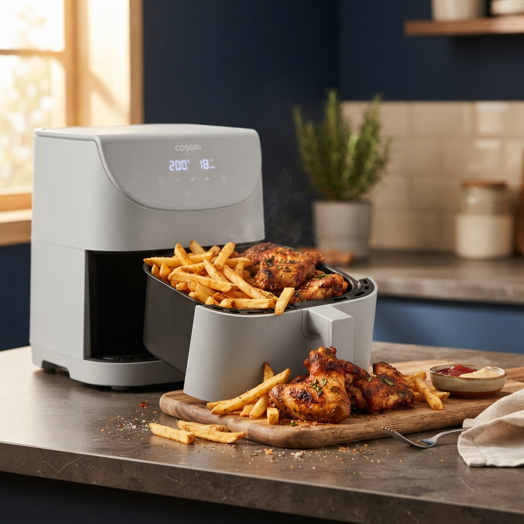 Cosori TurboBlaze 9-in-1 Air Fryer with crispy fries and chicken wings