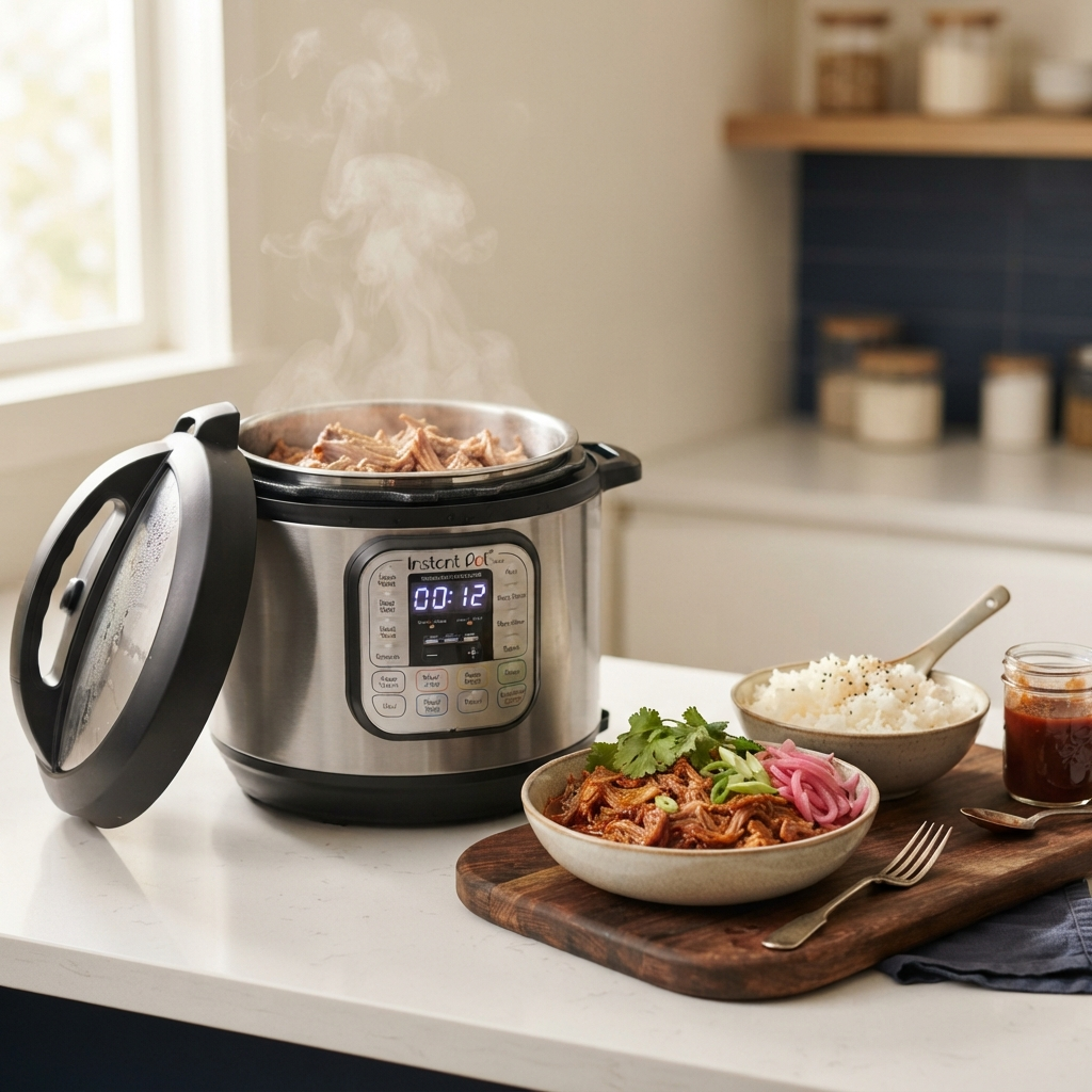 Instant Pot Duo 7-in-1 pressure cooker with pulled pork and rice