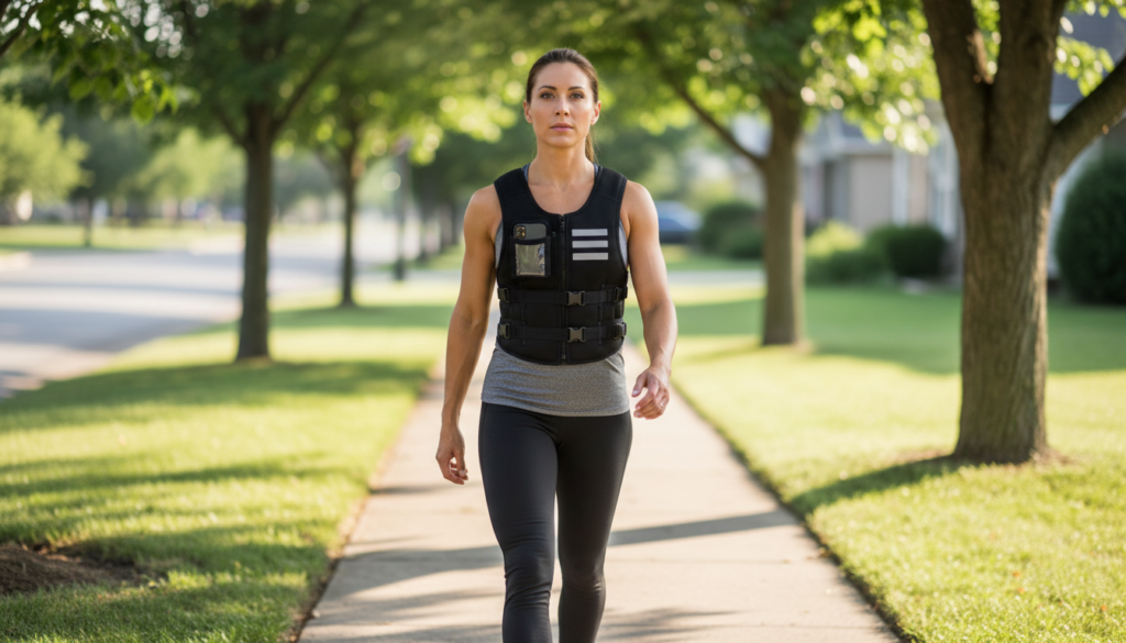 Woman walking outdoors wearing a black weighted vest with reflective stripes