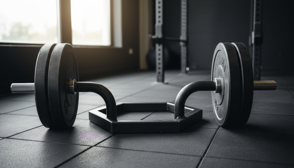 Black Olympic hexagonal trap bar loaded with bumper plates in a home gym