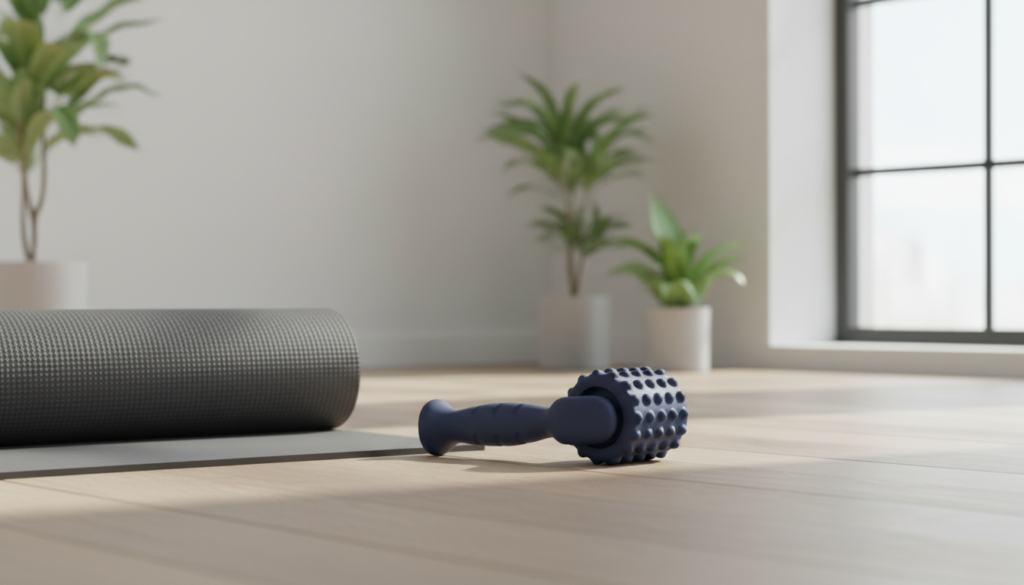 Compact navy foam massage wheel with handle on a wood floor beside a rolled yoga mat