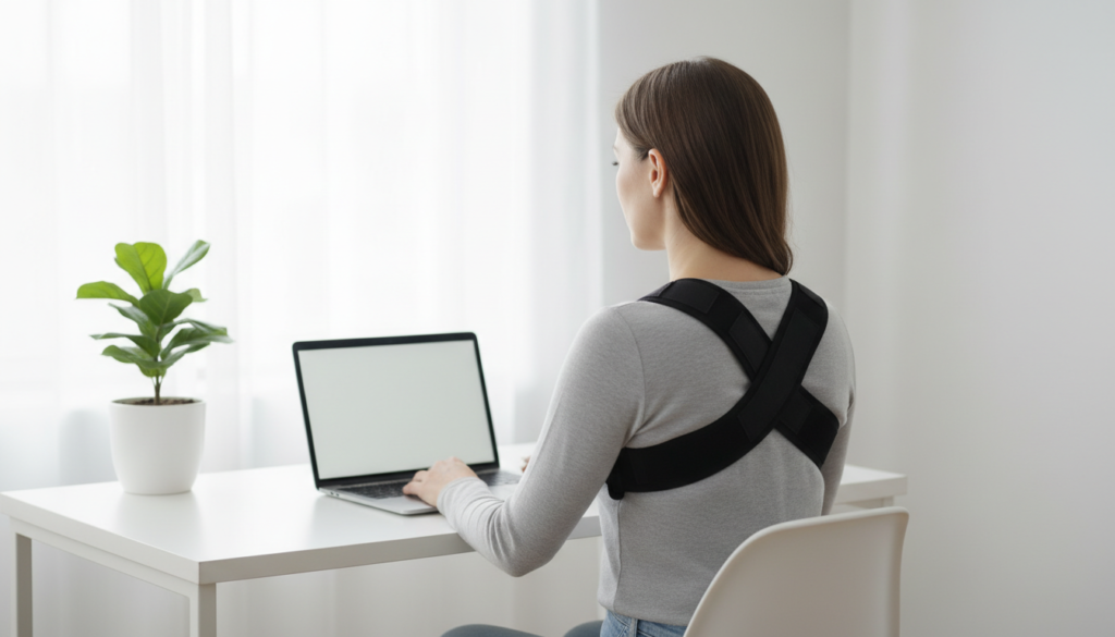ComfyBrace Posture Corrector Review — Best Posture Corrector for Upper Back and Shoulders 2026 Woman seated upright at a desk wearing a black posture support brace