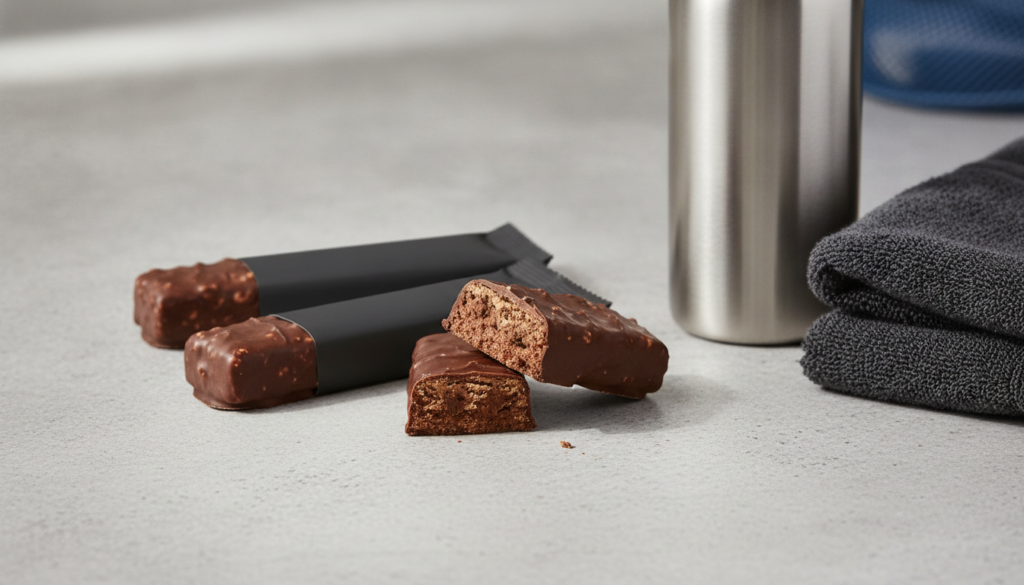 Chocolate protein bars with a steel water bottle and gym towel