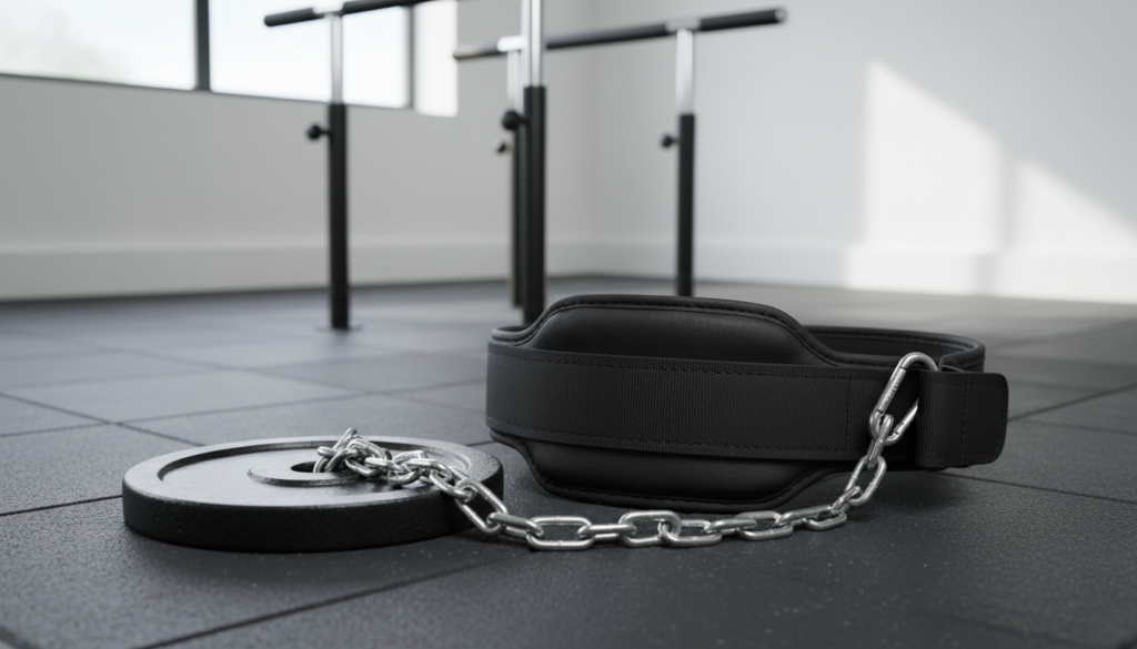Gymreapers Dip Belt With Chain Review — Best Home Gym Strength Gear 2026 for Weighted Dips & Pull-Ups Black nylon dip belt with steel chain and weight plate on gym flooring