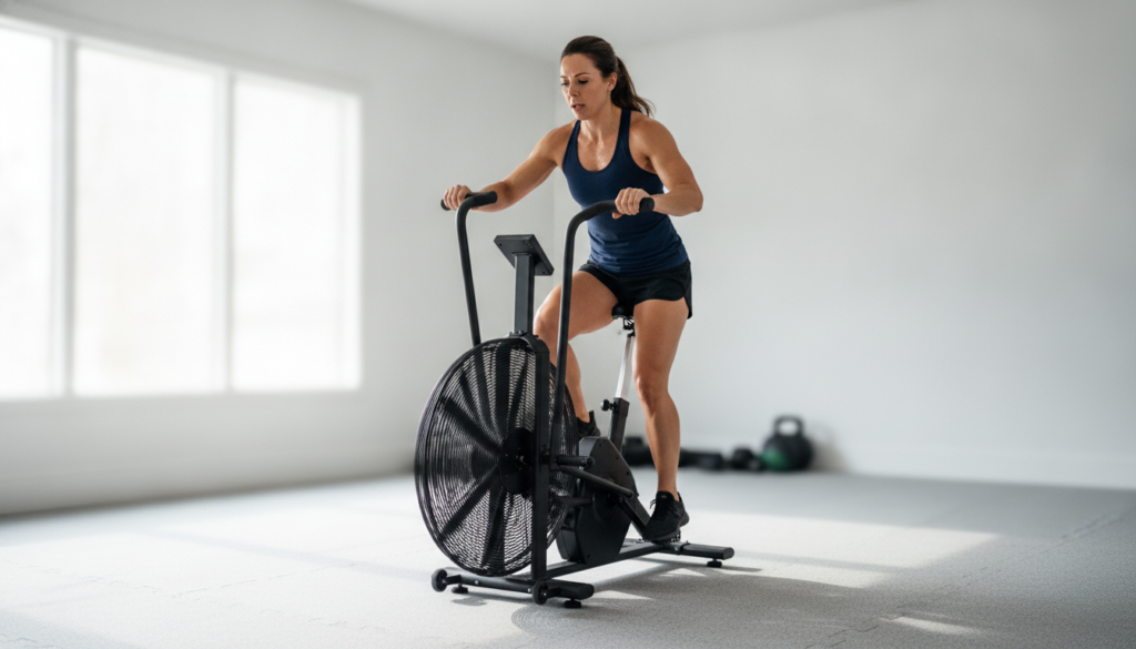 Marcy NS-1000 Fan Exercise Bike Review — Best Compact Home Cardio Machine 2026 Woman training hard on a black air fan exercise bike in a home gym