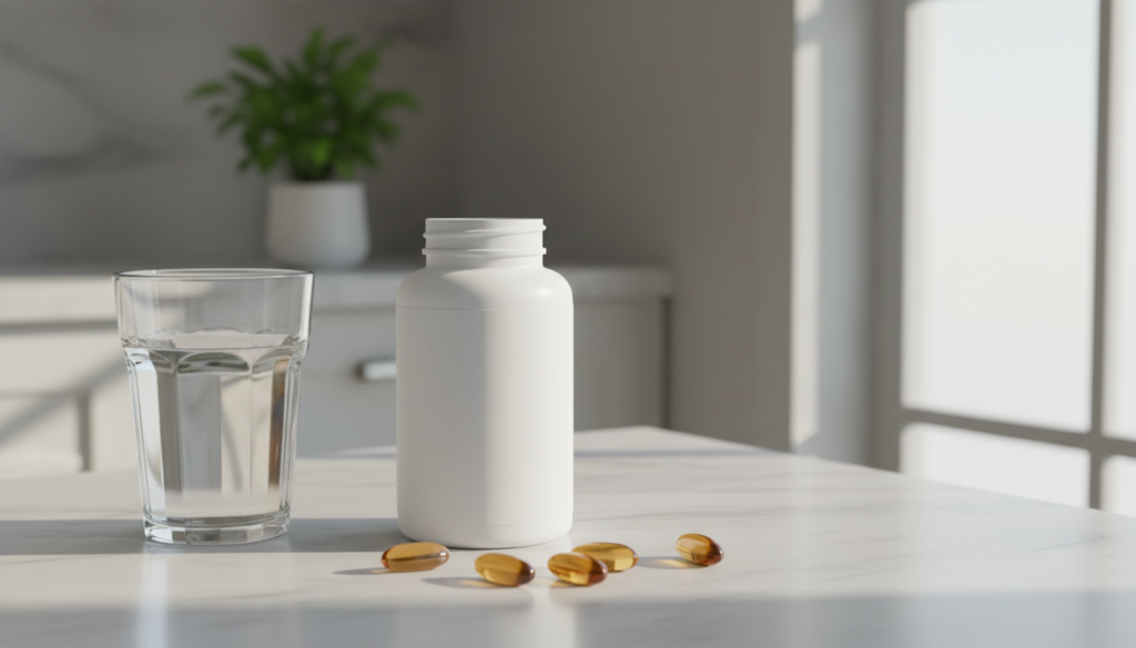 Ashwagandha supplement bottle on a kitchen counter