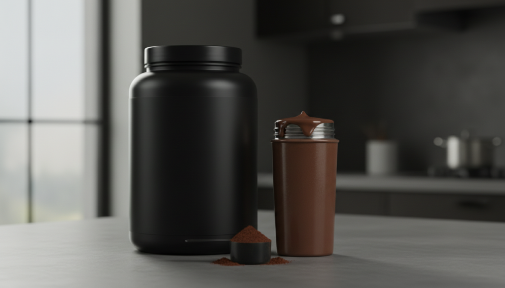 Nutricost Casein Protein Powder chocolate tub with shaker bottle