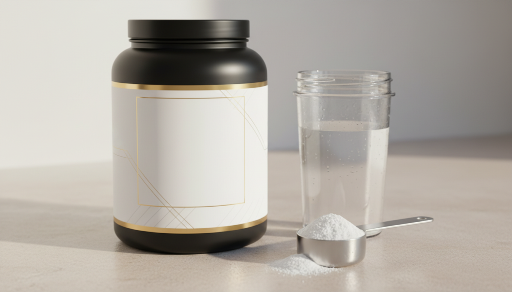Tub of unflavoured micronized creatine monohydrate powder beside a shaker bottle and scoop