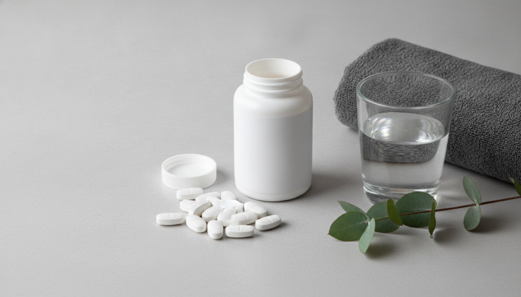 White supplement bottle with tablets beside a gym towel and glass of water