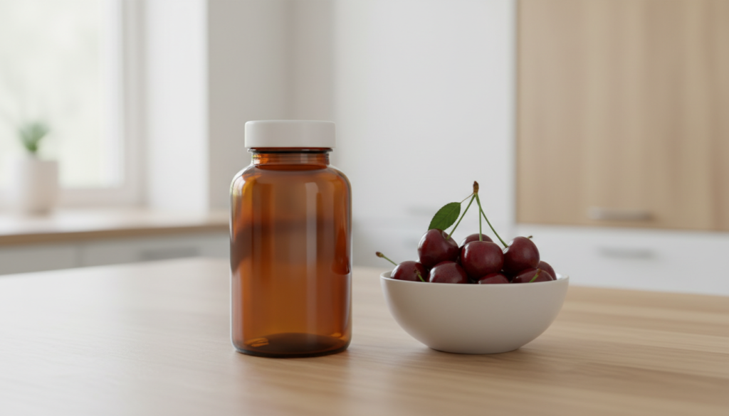 Amber supplement bottle on a kitchen counter beside a bowl of fresh tart cherries