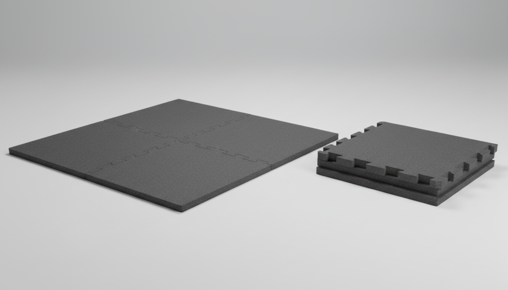 Interlocking rubber top gym flooring tiles in black and grey speckled finish