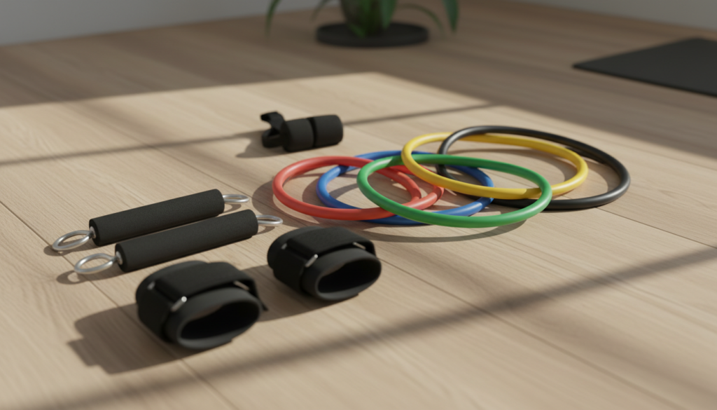 Colour-coded resistance tube bands with handles, ankle straps and door anchor laid out on a wood floor